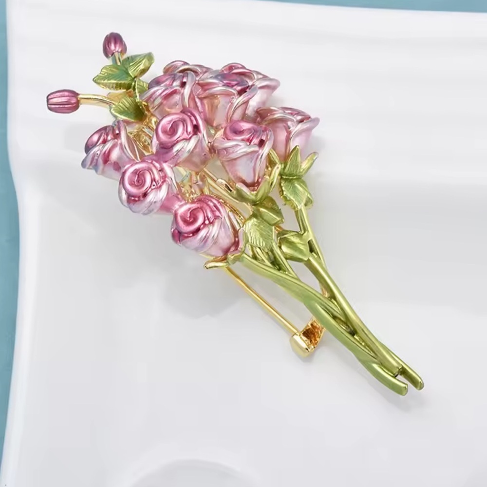 Pink Rose Bouquet Gold  Brooch - Picture 4 of 5
